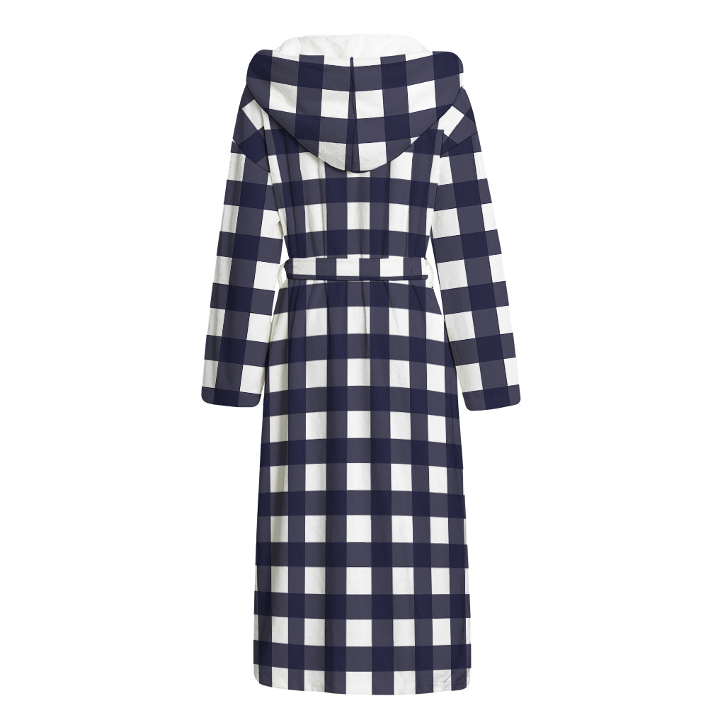 Navy And White Check Pattern Print Hooded Bathrobe