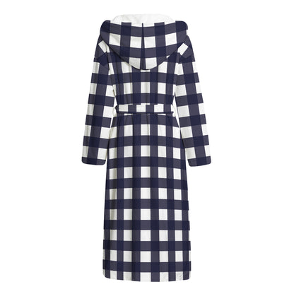 Navy And White Check Pattern Print Hooded Bathrobe