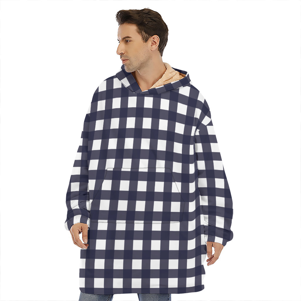 Navy And White Check Pattern Print Hoodie Blanket