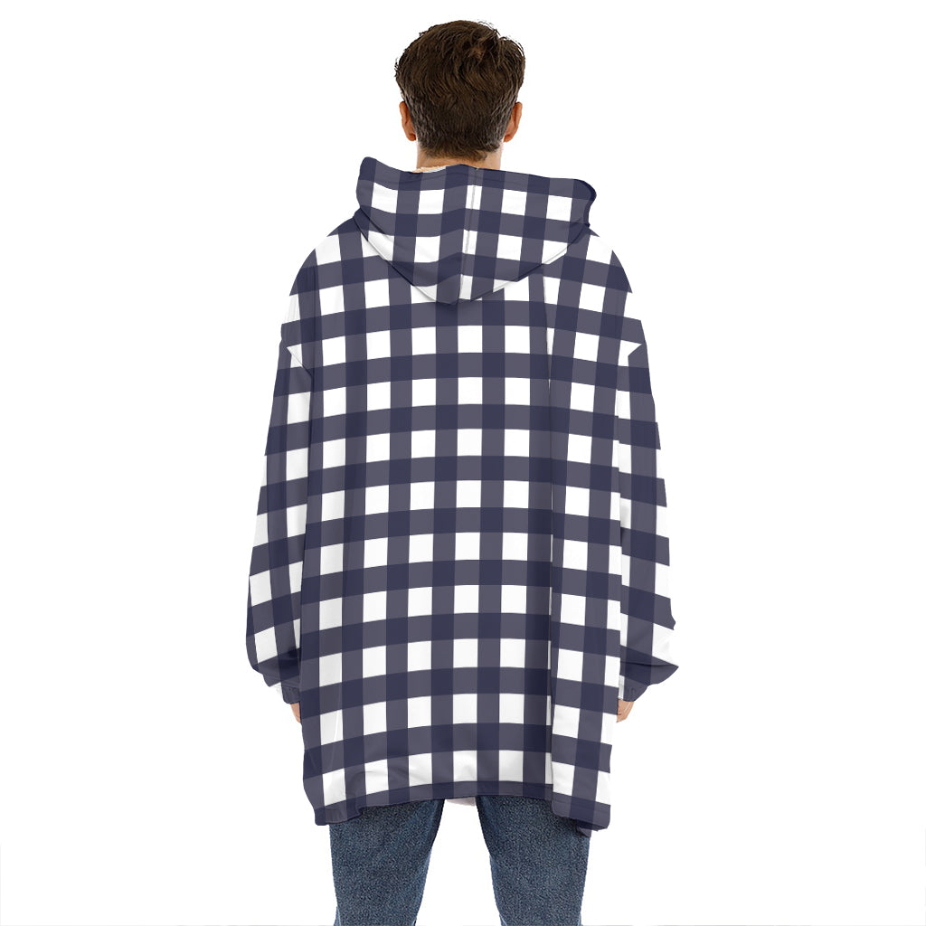 Navy And White Check Pattern Print Hoodie Blanket