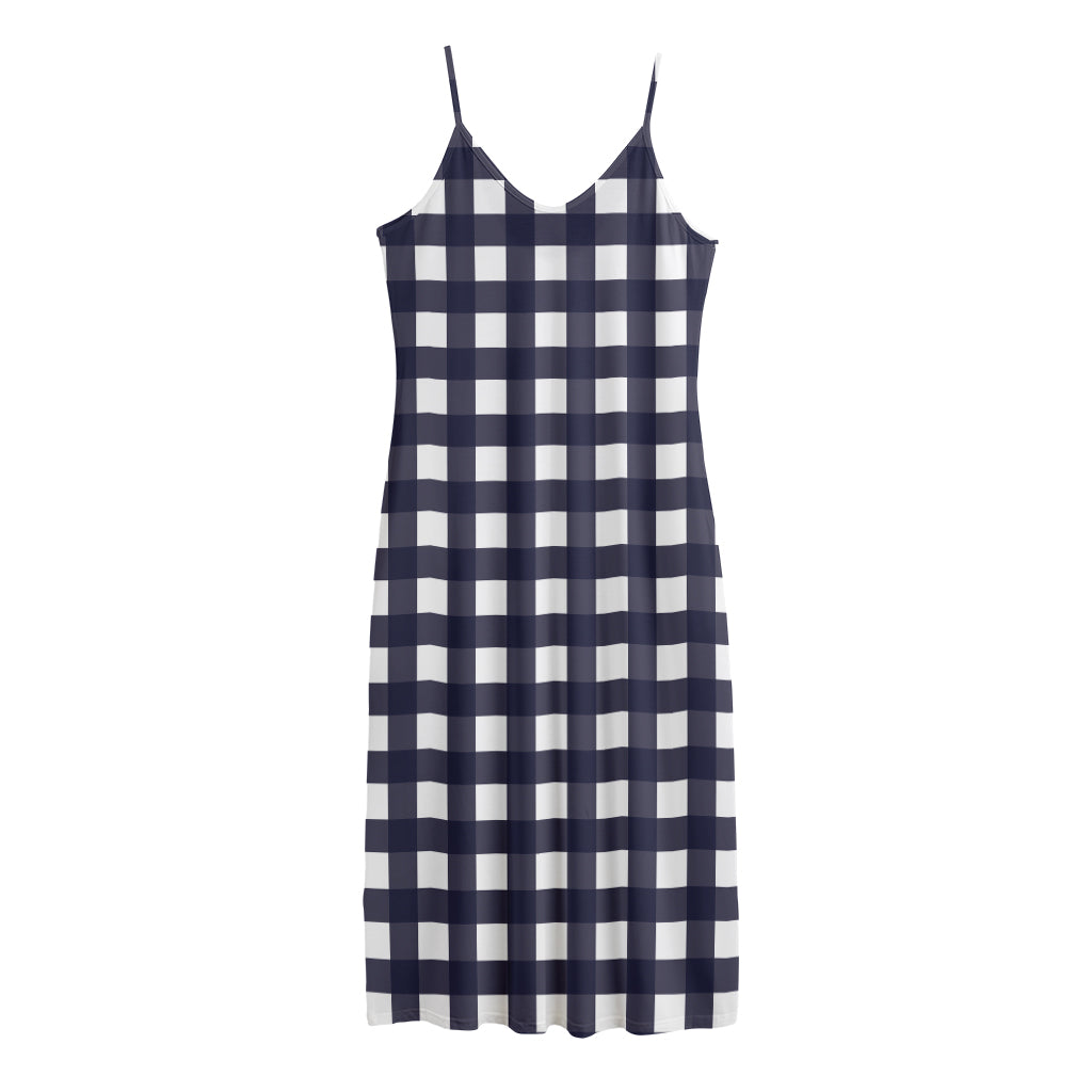 Navy And White Check Pattern Print Jersey Midi Cami Dress