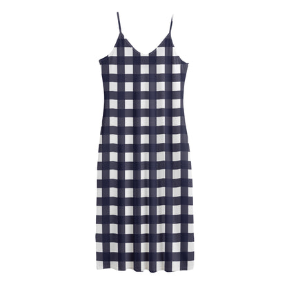 Navy And White Check Pattern Print Jersey Midi Cami Dress
