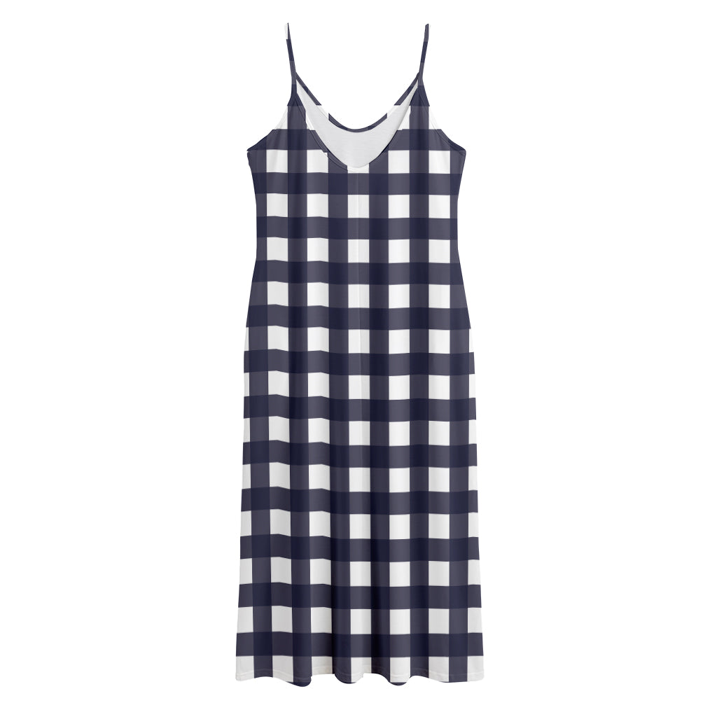 Navy And White Check Pattern Print Jersey Midi Cami Dress