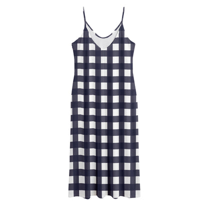Navy And White Check Pattern Print Jersey Midi Cami Dress