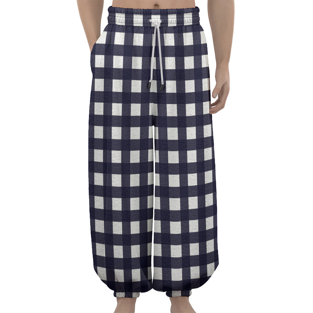 Navy And White Check Pattern Print Lantern Pants