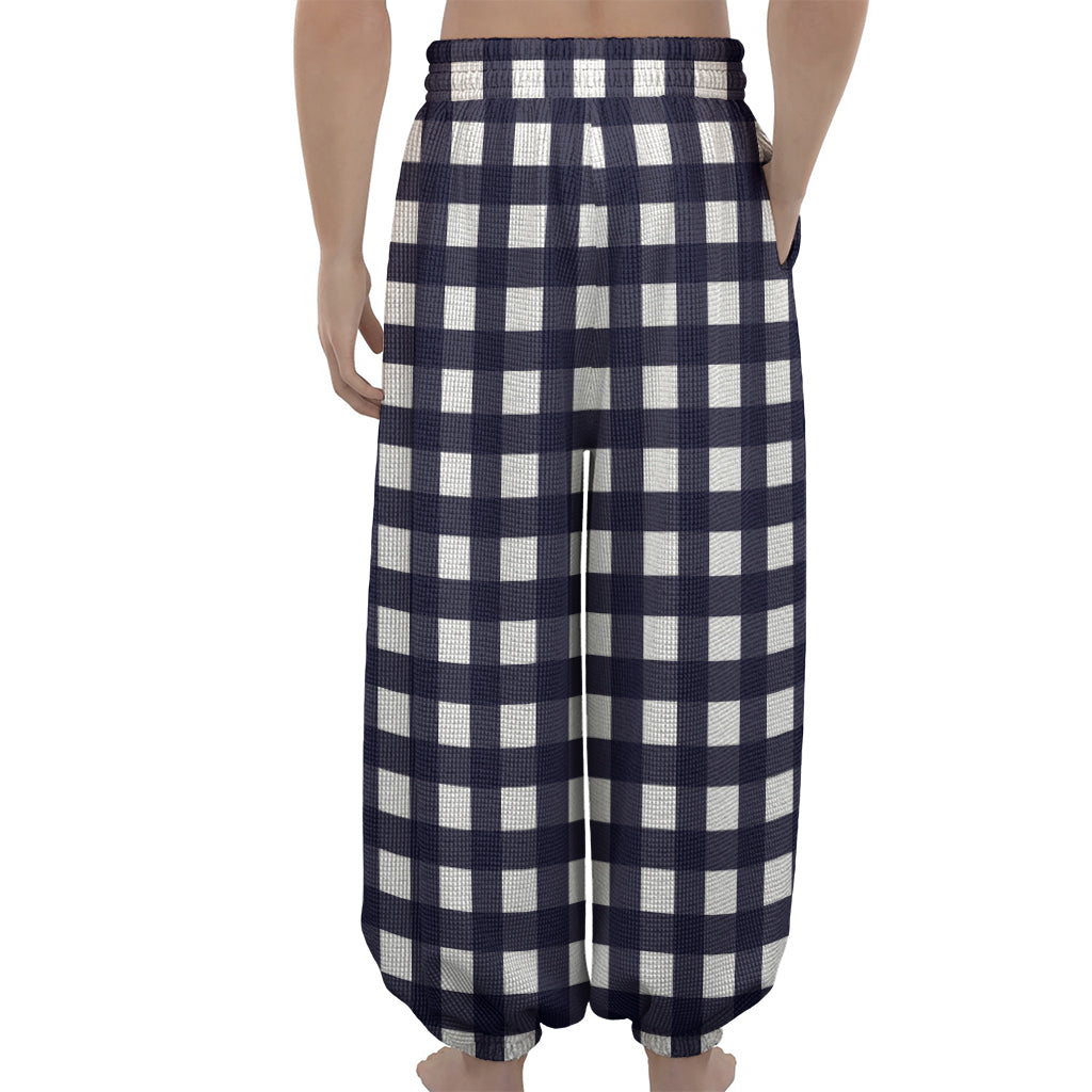 Navy And White Check Pattern Print Lantern Pants