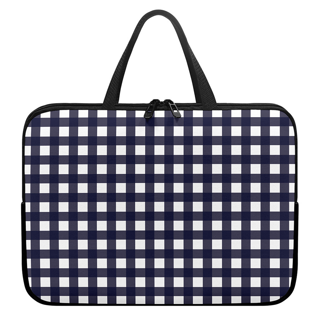 Navy And White Check Pattern Print Laptop Sleeve With Handle
