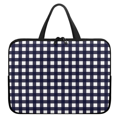 Navy And White Check Pattern Print Laptop Sleeve With Handle
