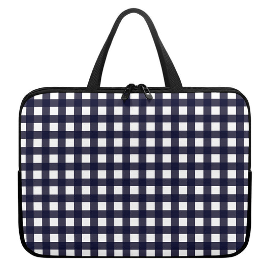 Navy And White Check Pattern Print Laptop Sleeve With Handle