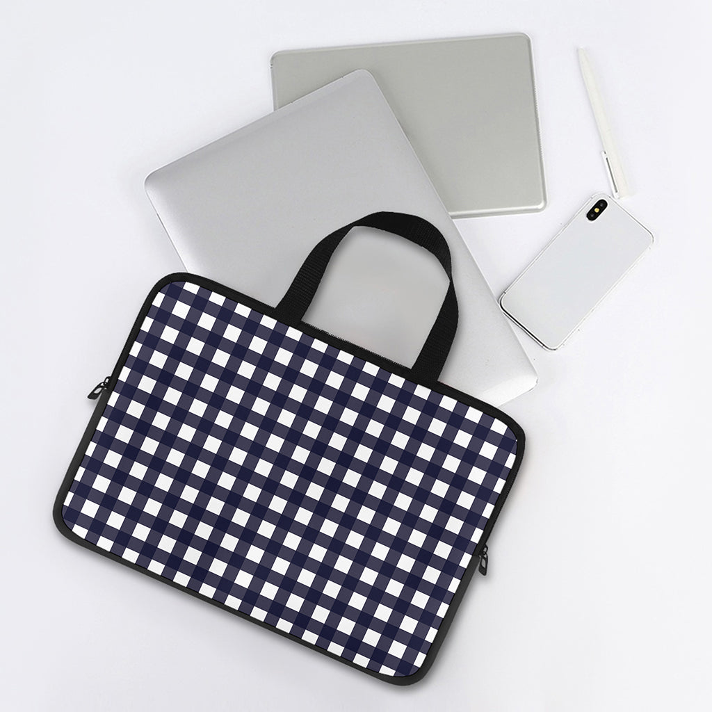 Navy And White Check Pattern Print Laptop Sleeve With Handle