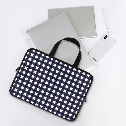 Navy And White Check Pattern Print Laptop Sleeve With Handle
