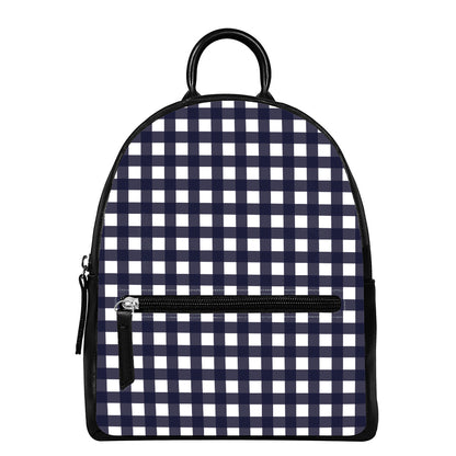 Navy And White Check Pattern Print Leather Backpack
