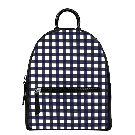 Navy And White Check Pattern Print Leather Backpack