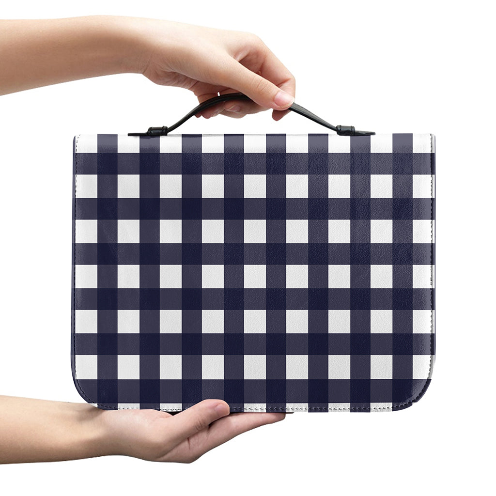 Navy And White Check Pattern Print Leather Bible Cover