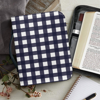 Navy And White Check Pattern Print Leather Bible Cover