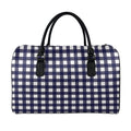 Navy And White Check Pattern Print Leather Duffel Bag