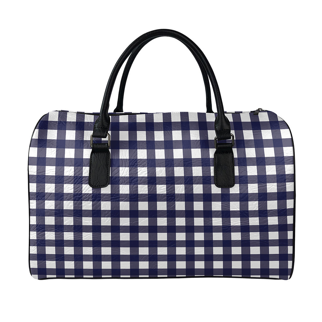 Navy And White Check Pattern Print Leather Duffle Bag