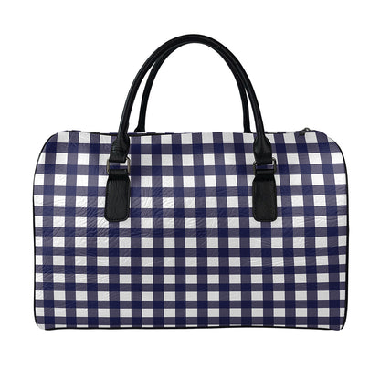 Navy And White Check Pattern Print Leather Duffle Bag