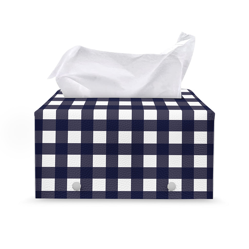 Navy And White Check Pattern Print Leather Tissue Box Cover