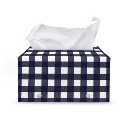 Navy And White Check Pattern Print Leather Tissue Box Cover