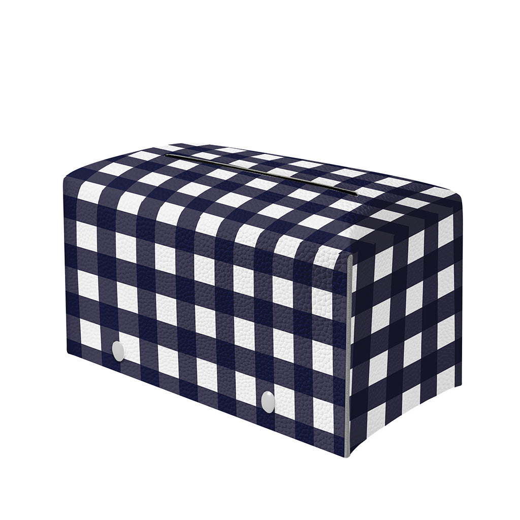 Navy And White Check Pattern Print Leather Tissue Box Cover