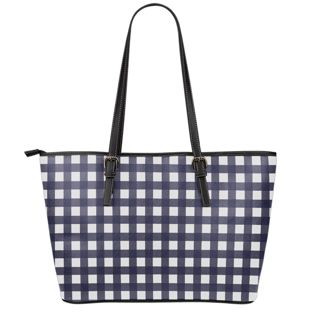 Navy And White Check Pattern Print Leather Tote Bag
