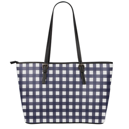 Navy And White Check Pattern Print Leather Tote Bag