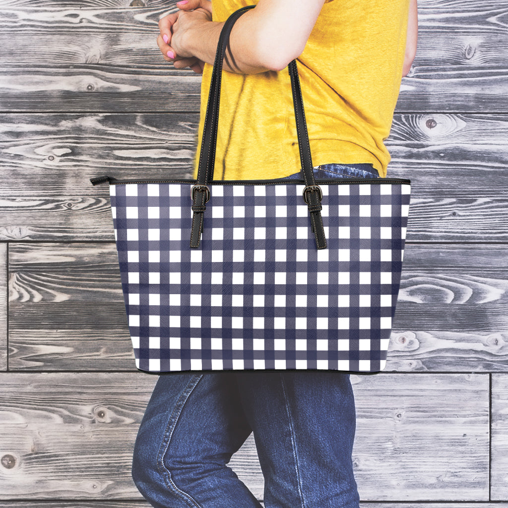 Navy And White Check Pattern Print Leather Tote Bag