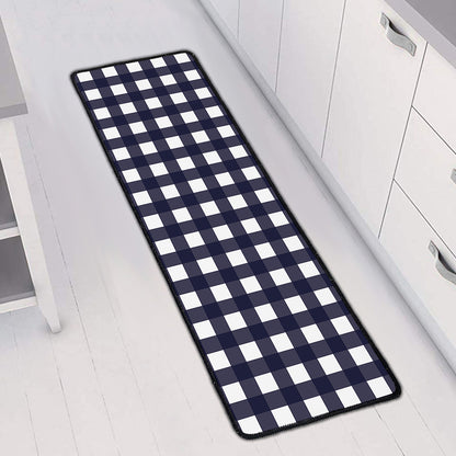 Navy And White Check Pattern Print Long Kitchen Mat