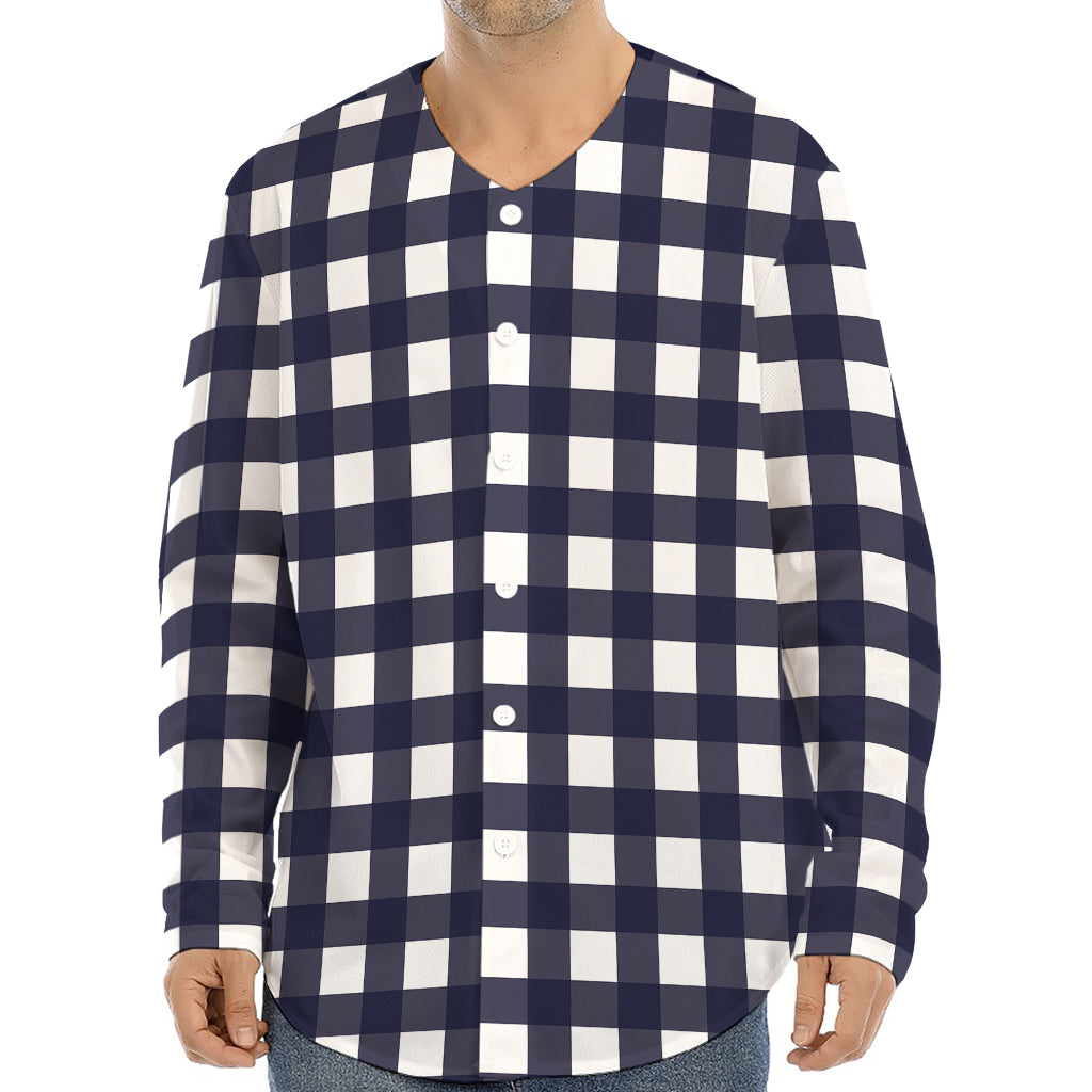Navy And White Check Pattern Print Long Sleeve Baseball Jersey