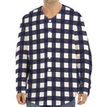 Navy And White Check Pattern Print Long Sleeve Baseball Jersey