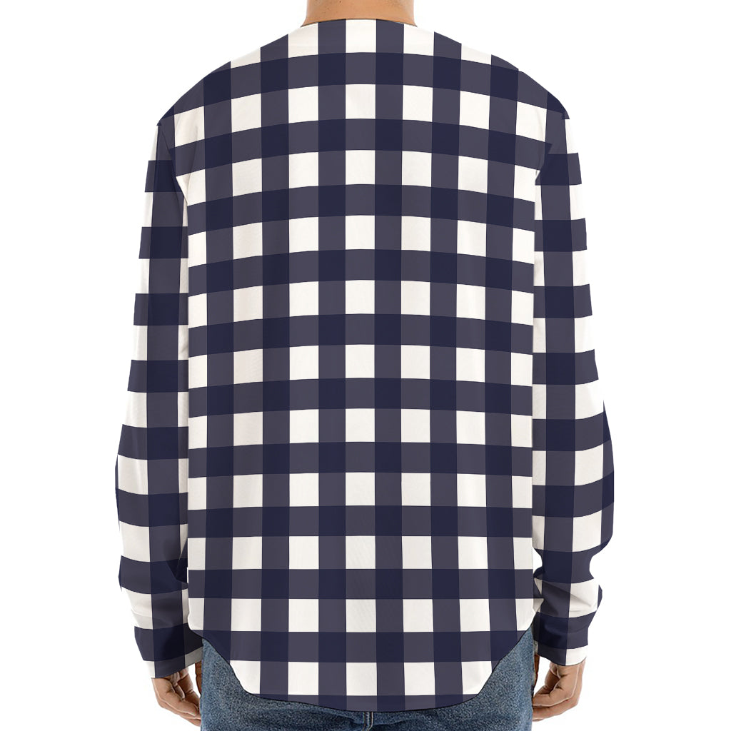Navy And White Check Pattern Print Long Sleeve Baseball Jersey