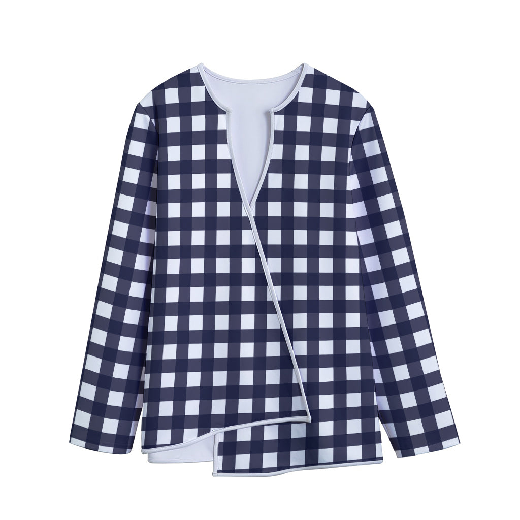 Navy And White Check Pattern Print Long Sleeve Short Coat