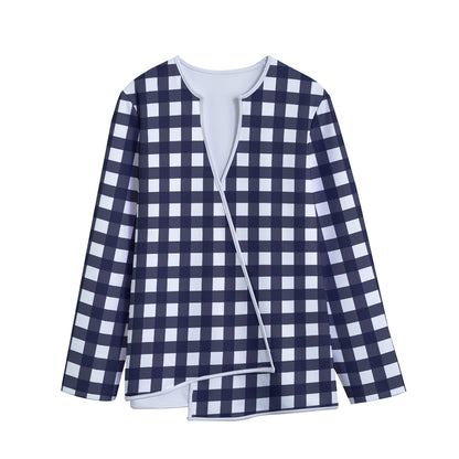 Navy And White Check Pattern Print Long Sleeve Short Coat