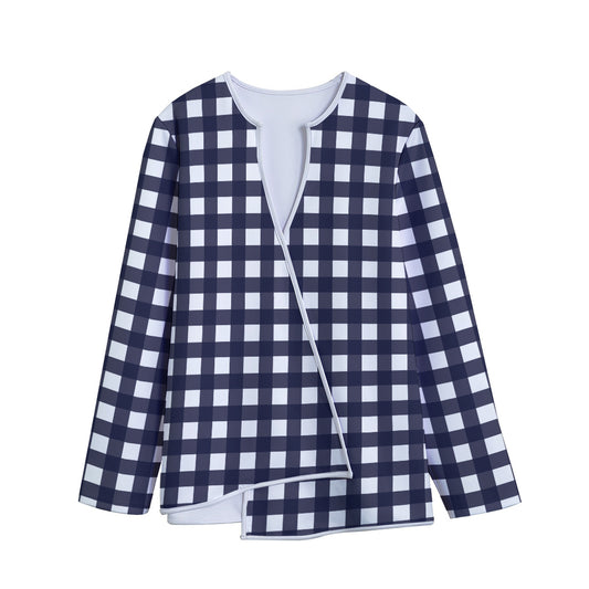 Navy And White Check Pattern Print Long Sleeve Short Coat