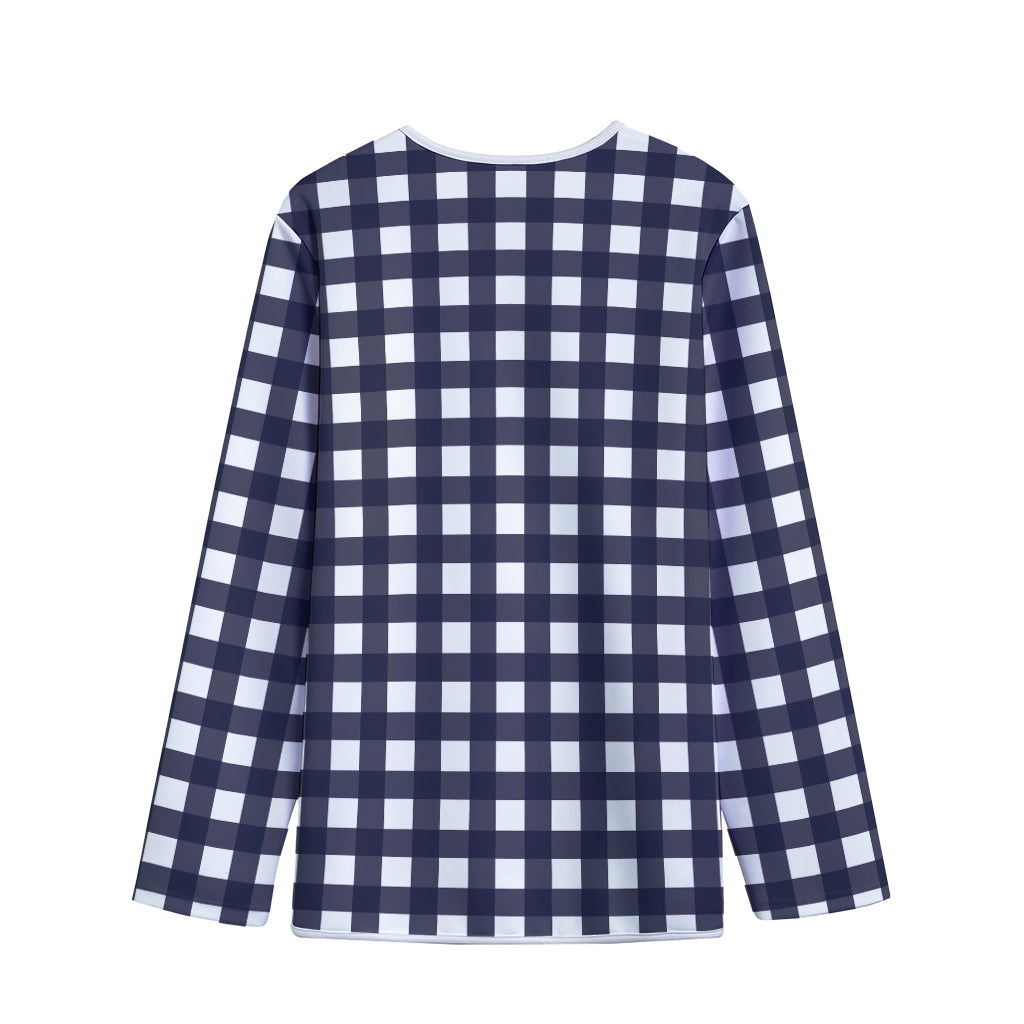 Navy And White Check Pattern Print Long Sleeve Short Coat