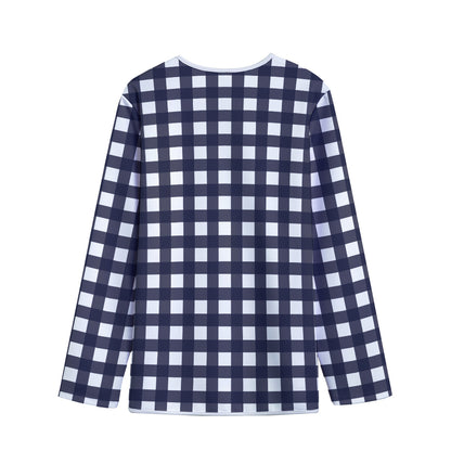 Navy And White Check Pattern Print Long Sleeve Short Coat