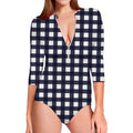 Navy And White Check Pattern Print Long Sleeve Swimsuit