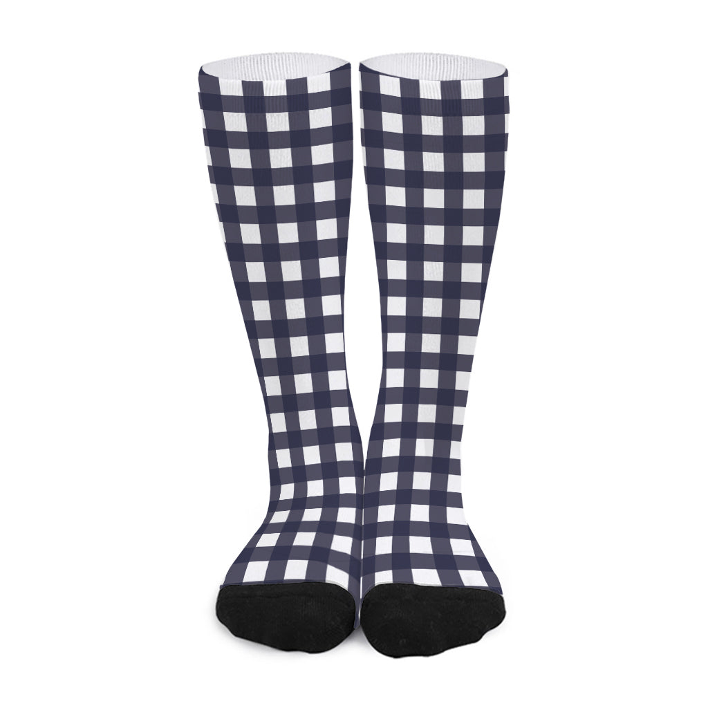 Navy And White Check Pattern Print Long Socks