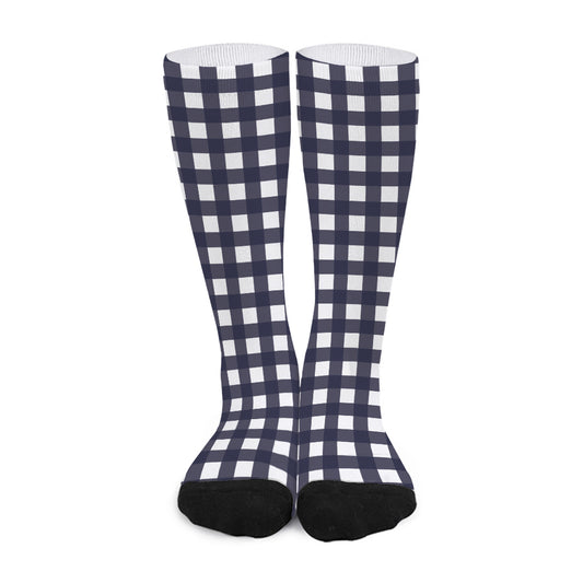 Navy And White Check Pattern Print Long Socks