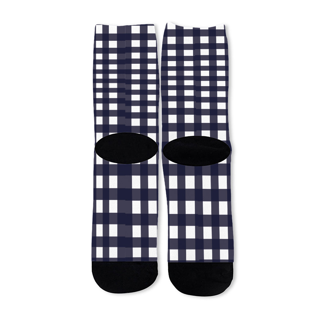 Navy And White Check Pattern Print Long Socks