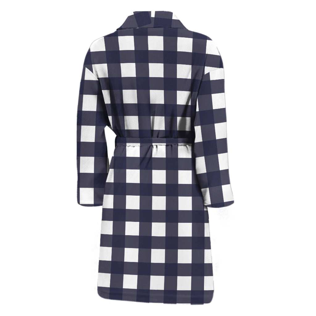 Navy And White Check Pattern Print Men's Bathrobe