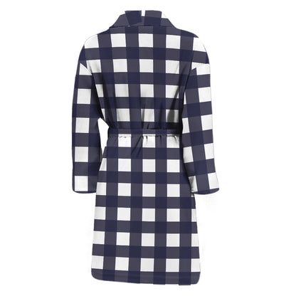 Navy And White Check Pattern Print Men's Bathrobe