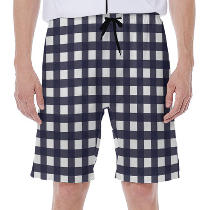 Navy And White Check Pattern Print Men's Beach Shorts
