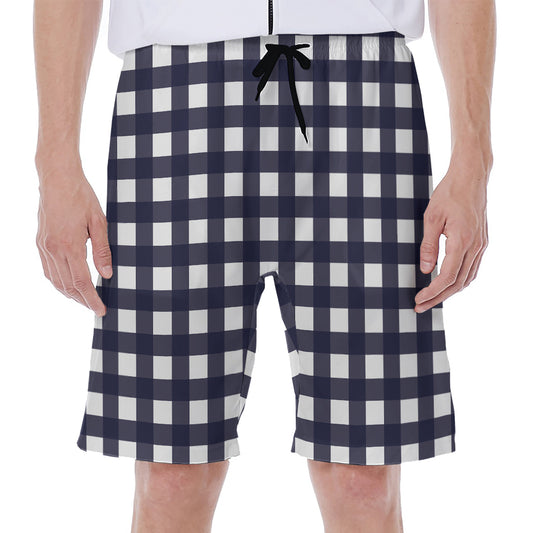 Navy And White Check Pattern Print Men's Beach Shorts