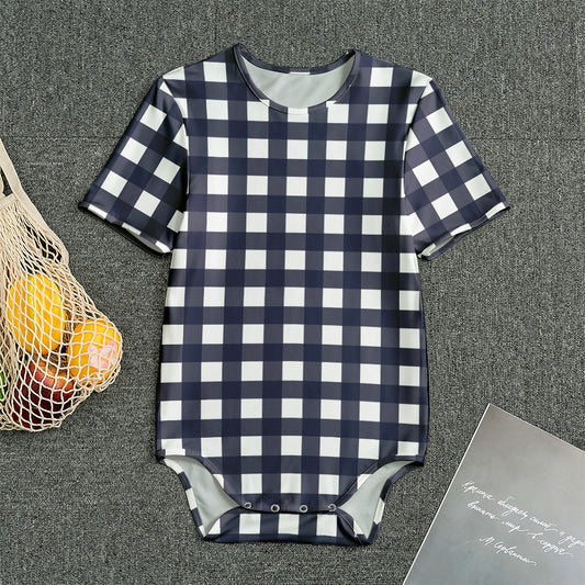 Navy And White Check Pattern Print Men's Bodysuit