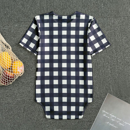Navy And White Check Pattern Print Men's Bodysuit