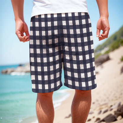 Navy And White Check Pattern Print Men's Cargo Shorts