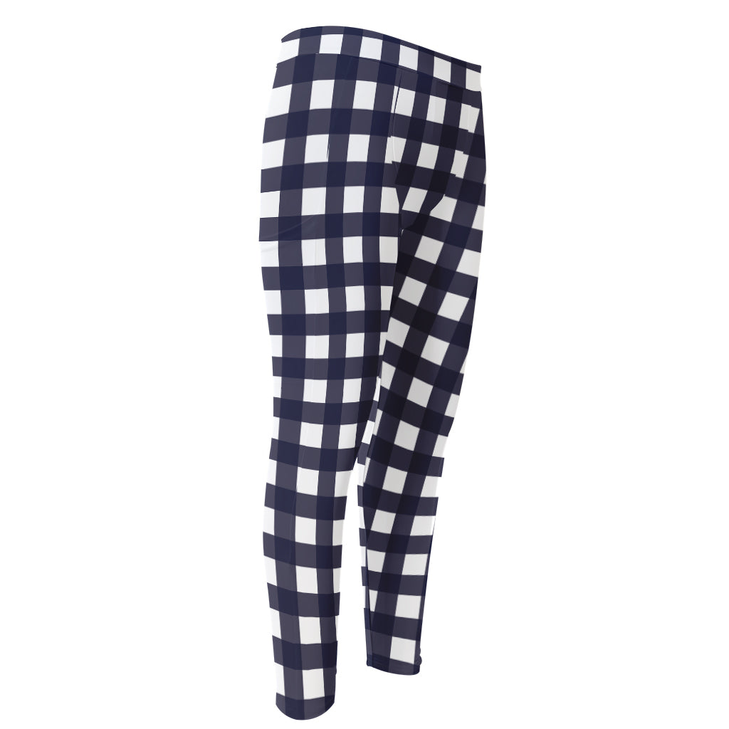 Navy And White Check Pattern Print Men's Compression Pants