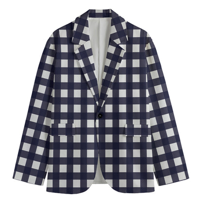 Navy And White Check Pattern Print Men's Cotton Blazer